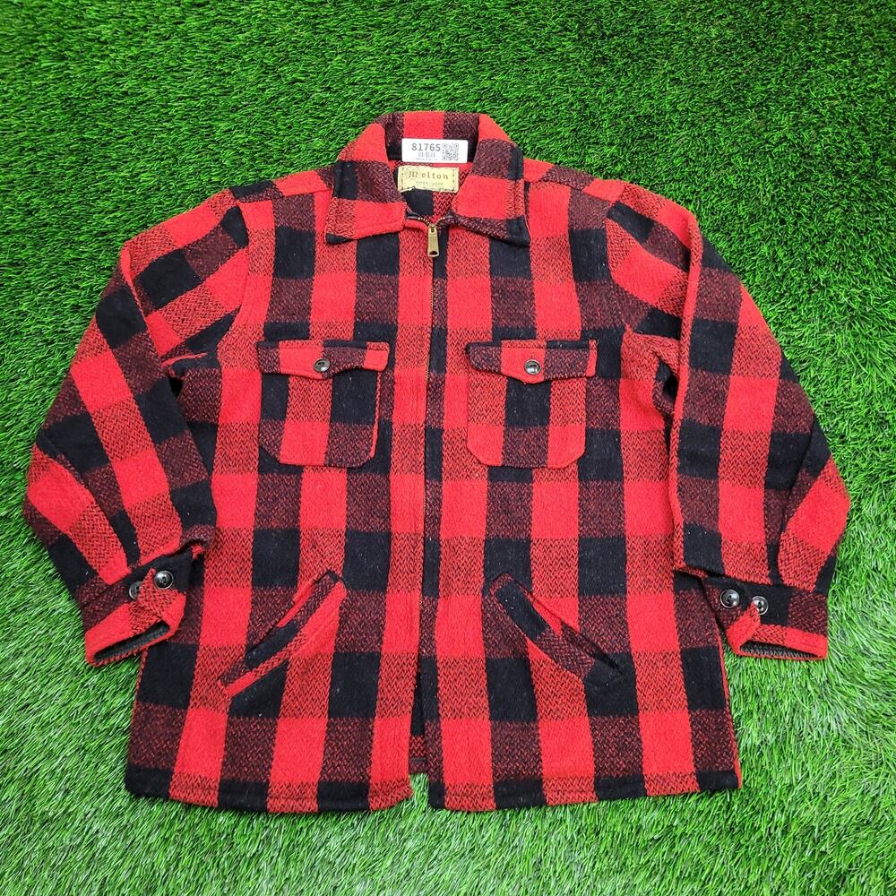 Vintage 50s Melton Buffalo Plaid Wool Hunting Jacket Medium 23x27 Talon Zip USA
